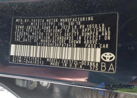 2019 Toyota Corolla Le z USA, uszkodzony, nr VIN 5YFBURHE6KP878428